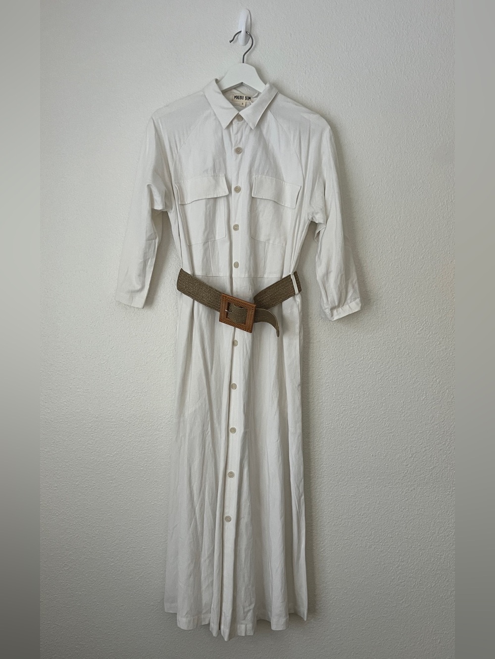 Malibu Bum White Ramie Rayon Button Down Maxi Shirt Dress with Woven Belt S
